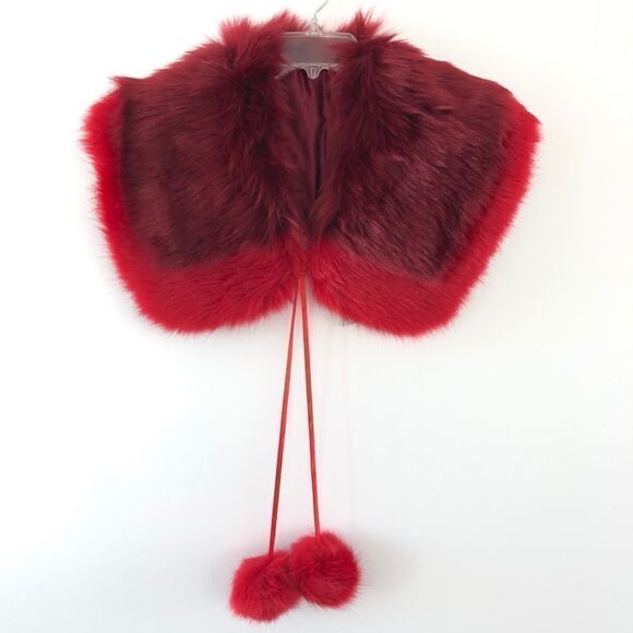 BP. Faux Fur Two-Tone Collar Featuring Pom Pom Ties in Red Burgundy One Size - Picture 1 of 3